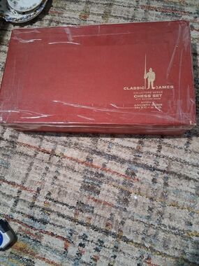 Classic Games Chess Set Box - Red with Gold Emblem One Piece Missing